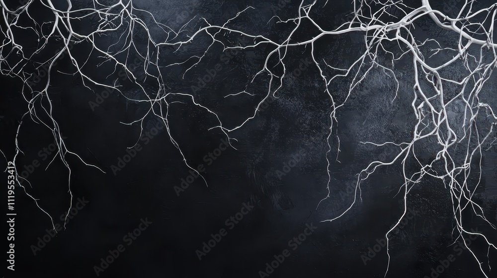 Poster dark and moody composition with delicate branches against a textured black background