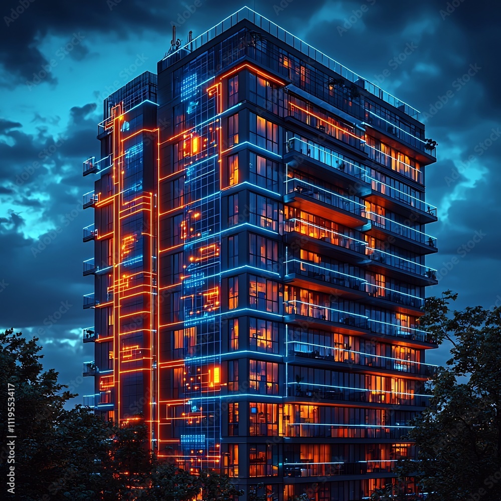 Poster futuristic skyscraper with smart grid interface displaying energy data and sustainability metrics