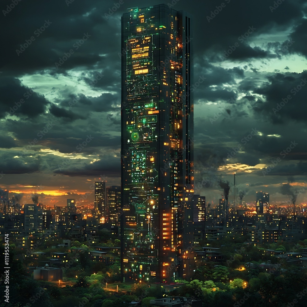 Poster futuristic skyscraper with intelligent grid interface displaying real time energy data