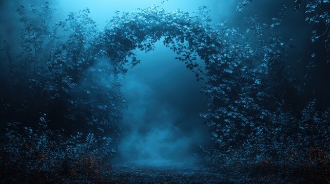Mystical blue archway in foggy forest.