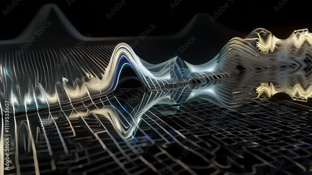 Aufkleber abstract animation of white and blue glowing waves flowing on a dark grid background. perfect for an