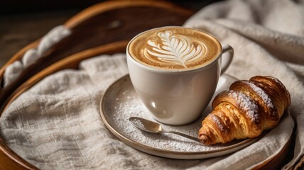 A close-up of a steaming latte with a swirl of latte art, next to a croissant dusted with powdered sugar, served on a vintage tray with a linen napkin.