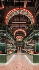 A stylish restaurant interior featuring green tiles, arches, and ambient lighting.