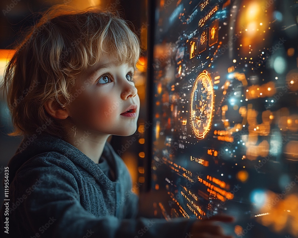 Aufkleber child coding futuristic video game with holographic worlds in digital school environment