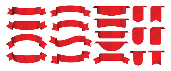 Obraz premium Big set of realistic Red Ribbons banner decoration isolated on white background.red gradient ribbon shiny element collection.vector illustration