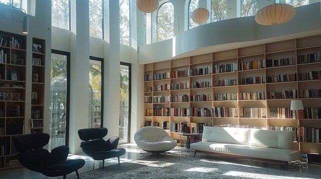 A modern library of inspiration. it brightly lit with natural light in design.