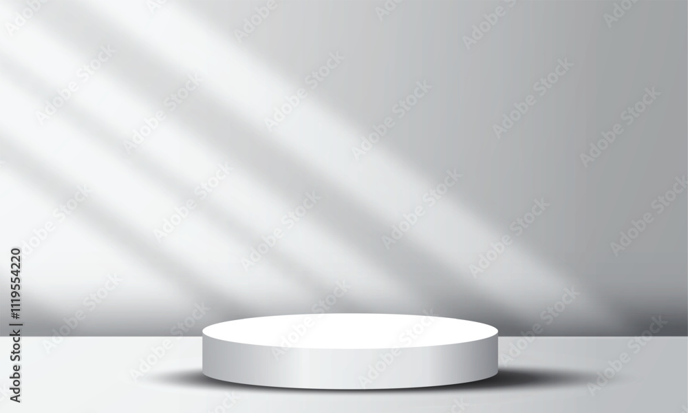 Poster abstract empty podium display on gray light studio room with windows overlay copy space design backg