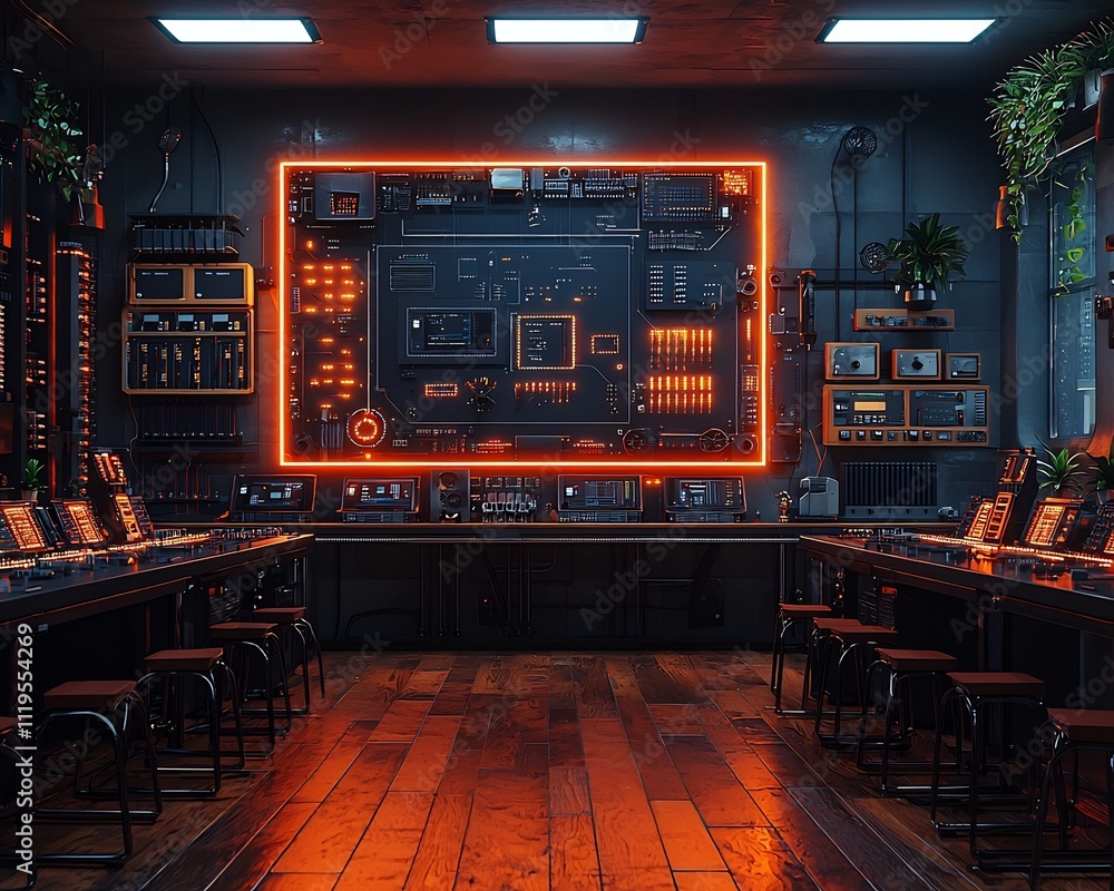 Poster high tech classroom where students build smart devices with circuits and 3d printed parts