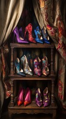 A display of colorful high-heeled shoes arranged on a wooden shelf with rich drapery.