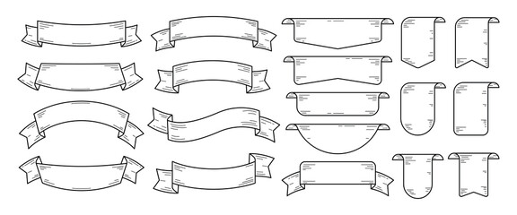 hand drawn vintage Ribbons line art banner decoration isolated on white background.black line texture ribbon banner element collection.vector illustration