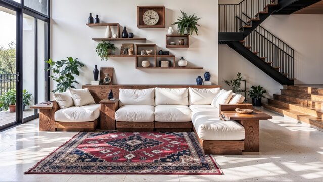 Generative AI,Contemporary living room with walnut sectional, asymmetrical shelves, and natural lighting
