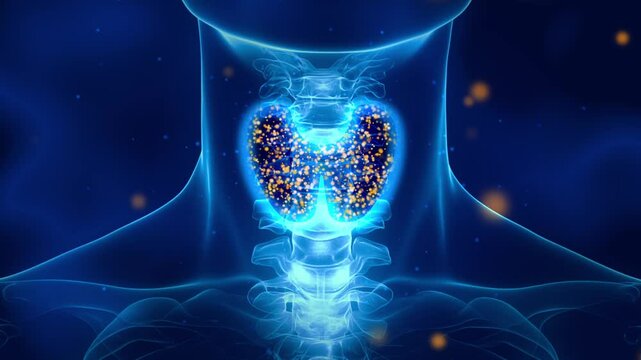 Human thyroid gland in 3D medical illustration. Relevant to thyroid health issues, such as thyroid cancer awareness, hormonal imbalances, and endocrine disorders