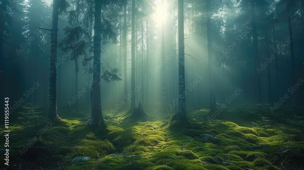 Poster a mystical forest at dawn, tall pine trees shrouded in fog, soft diffused light, sun rays breaking t