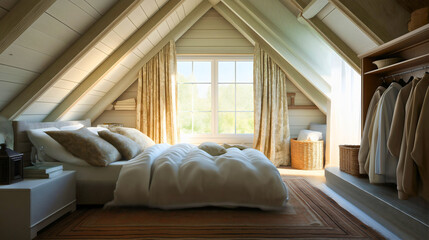 Obraz premium bedroom, attic, cozy, sunlight, home, interior, decor, modern, serene, design, comfort, relaxing, furniture, curtains, wooden, space, soft colors, clean aesthetic, warm ambiance, natural light, peacef
