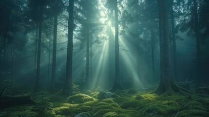 Fototapeta premium A mystical forest at dawn, tall pine trees shrouded in fog, soft diffused light, sun rays breaking through the trees, lush mossy ground, calm and mysterious atmosphere.
