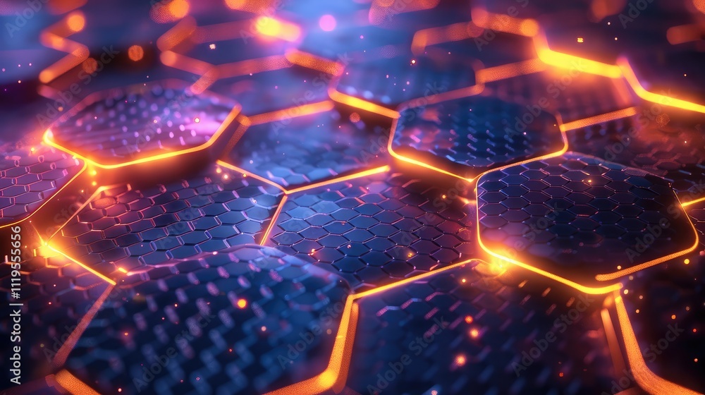 Poster A conceptual view of a digital mind, represented by layers of interconnected hexagons in glowing neon colors, each layer symbolizing different cognitive processes. Futuristic, tech-inspired.