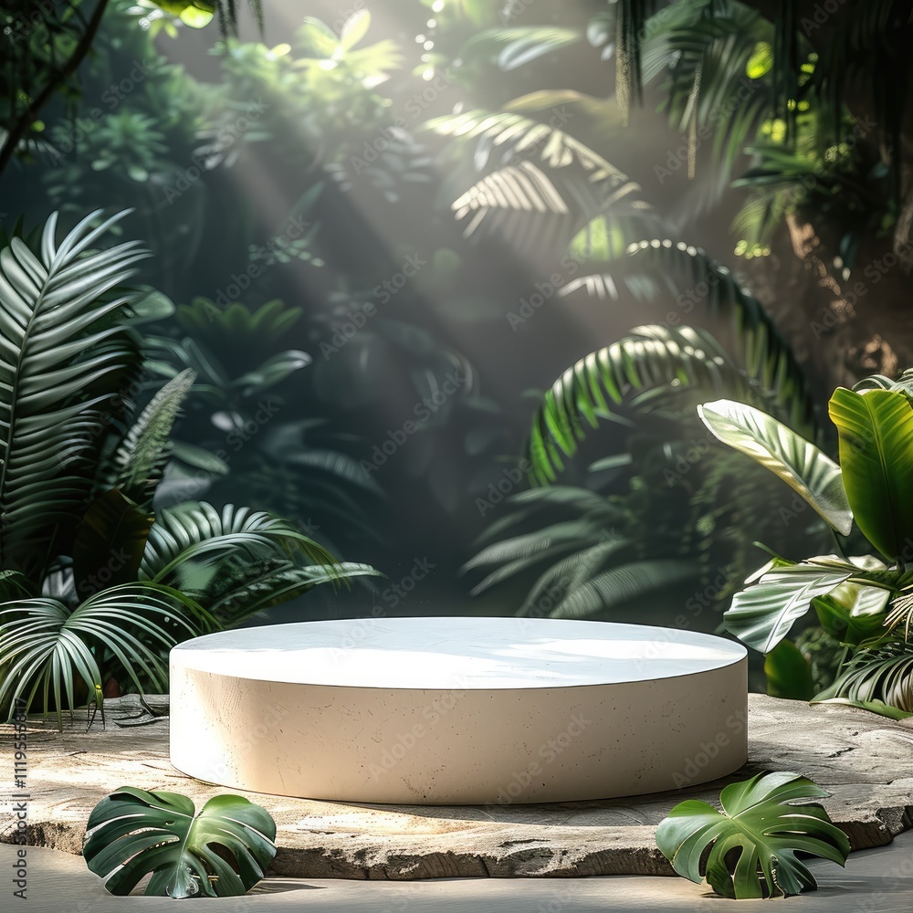 Poster white round podium or pedestal in a tropical cocoa forest background for product presentation. mocku
