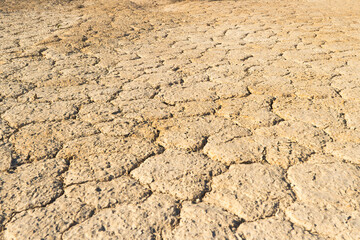 Dry coast, the problem of Aral Sea. coastline of the dried up sea. dried up land in the desert.