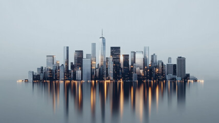 Fototapeta premium The New York City skyline at night, featuring lit-up skyscrapers, set against a blank white background, representing a concept of urban landscape and architectural design.