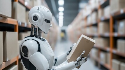 Fototapeta premium A humanoid robot stands in a spacious warehouse, gently holding a small box, showing the evolution of automation in a busy warehouse environment. 