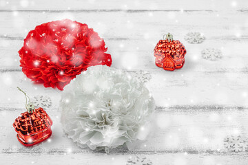 Traditional New Year composition. Festive decor, handmade paper flowers, gift idea. Holiday time