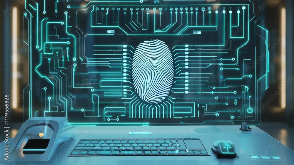 Poster futuristic computer interface is displaying a fingerprint being scanned for user authentication. the