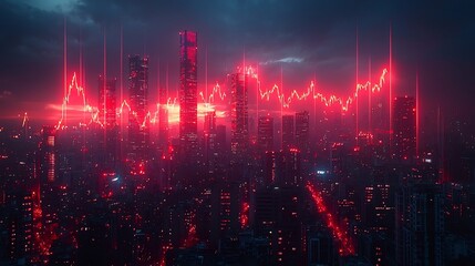 Obraz premium Towering Skyscrapers with Plummeting Red Economic Graphs Symbolizing Financial Crisis