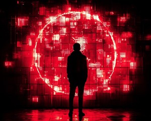 Person Facing Flashing Red Digital Globe Representing Global Economic Meltdown and Financial Crisis