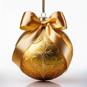 Bola de Navidad dorada brillante con lazo decorativo y enganche met&aacute;lico, sobre fondo transparente, perfecta para dise&ntilde;os elegantes y festivos