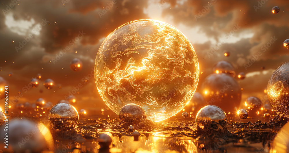 Poster a sun in muted, warm colors, its surface covered in intricate cracks that softly illuminate with a s