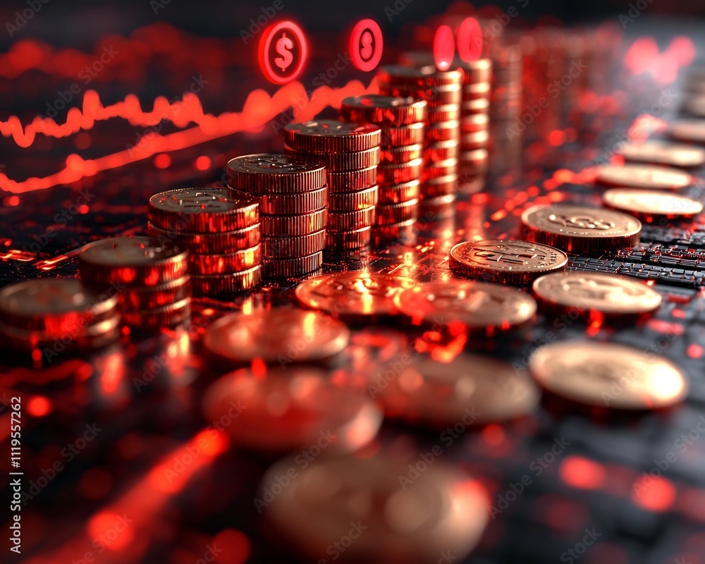 Aufkleber collapsing coin stack with flashing red warnings symbolizing financial crisis and economic uncertain