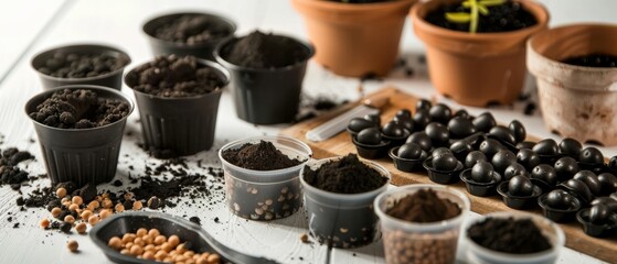 Fototapeta premium Rows of different potting soils and seeds are neatly arranged on a table, embodying the potential for growth and gardening creativity.
