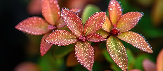 Dew-covered reddish-orange leaves of a plant.