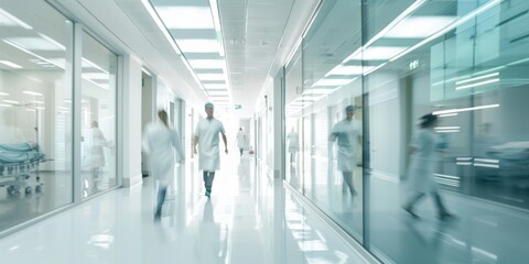 Fototapeta premium Spacious hospital corridor with reflective glass partitions and medical staff in white coats walking through. Bright lighting highlights the clean, modern interior