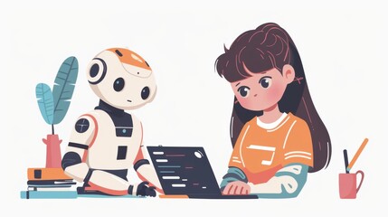 Busy. Robot and a girl in orange shirt looking busy while doing homework together 