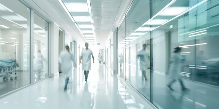 Spacious hospital corridor with reflective glass partitions and medical staff in white coats walking through. Bright lighting highlights the clean, modern interior