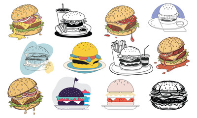 Creative Burger Illustrations with Vibrant and Minimalist Styles A collection of unique burger illustrations
