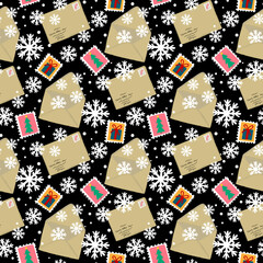 Christmas mail seamless pattern. Christmas letters and snowflakes print. Paper envelope background. For textile, wrapping paper, scrapbooking, stationary, packaging, party supplies.