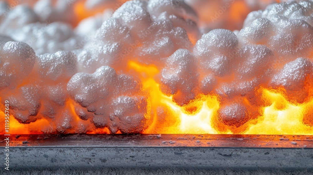 Poster insulation foam spray concept, close-up of expanding foam insulation in metal joint during applicati