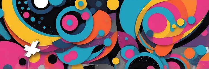 Wide abstract colorful art paint retro 90s background wallpaper with artistic shapes	