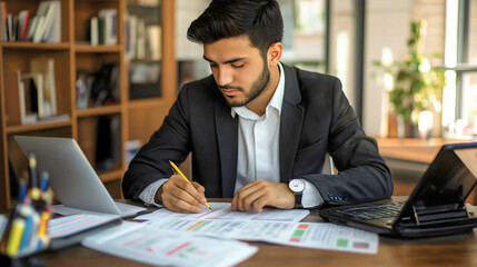 Obraz premium Focused Entrepreneur in a Modern Office: Professional Workspace for Productivity and Strategy