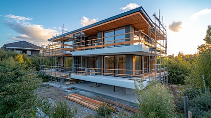 Modern House Under Construction with Scaffolding and Nature Surrounding