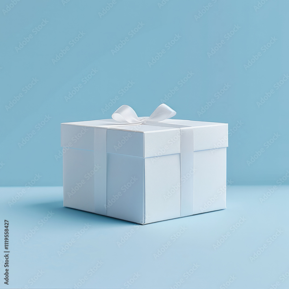 Poster a simple and elegant image of a plain white gift box placed in the center of a light blue background