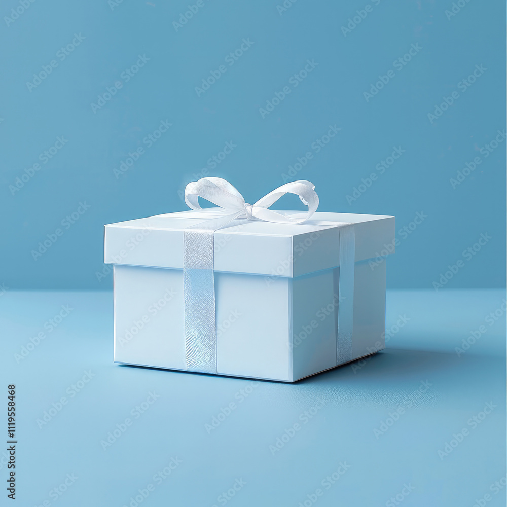 Poster a simple and elegant image of a plain white gift box placed in the center of a light blue background