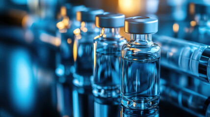 A close-up of transparent vaccine bottles on a conveyor belt in a pharmaceutical production line, featuring sharp details and clarity.