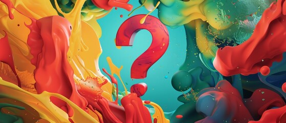 Dynamic splashes of colorful paint with a central question mark represent creativity and inquiry.