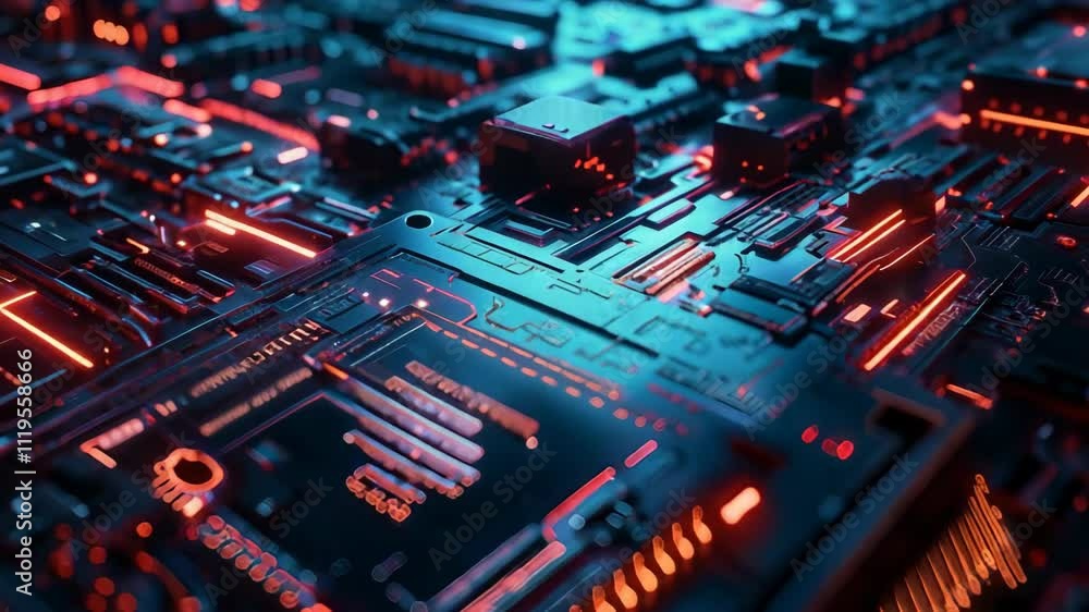 Poster camera moving over a futuristic cpu, with red lights flowing through its circuits. concept of artifi