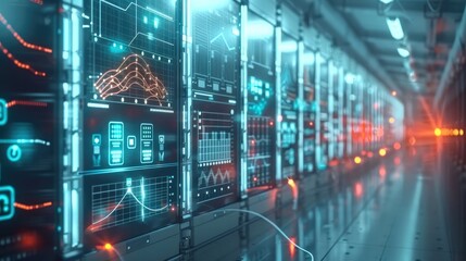 A modern energy grid simulation, peak power demand and sustainability metrics displayed on holographic monitors, professionals analyzing data.