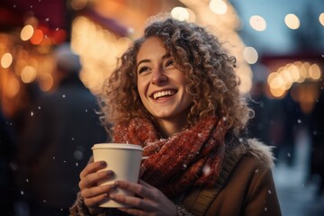 Smiling young woman with curly hair and cozy red scarf, holding a hot drink at a Christmas market. Snow falls gently, with festive lights creating a warm, joyful atmosphere in the background