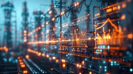 A modern energy grid simulation, peak power demand and sustainability metrics displayed on holographic monitors, professionals analyzing data.